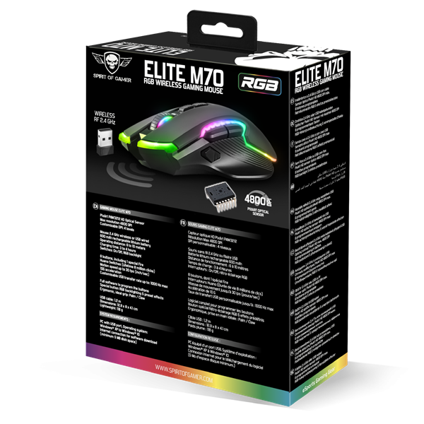 Spirit of Gamer Egér Vezeték nélküli - ELITE-M70 (Optikai, 4800DPI, 8 programozható gomb, Max.: 10m, fekete) - Image 10