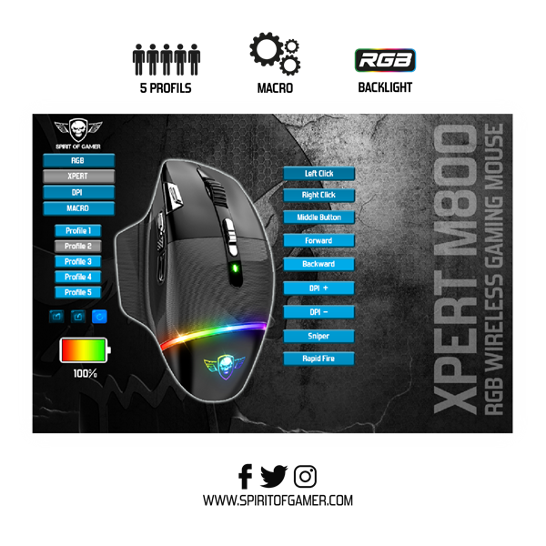 Spirit of Gamer Egér Vezeték nélküli - XPERT-M800 (Optikai, 10 000DPI, 12 programozható gomb, Max.: 10m, fekete) - Image 7