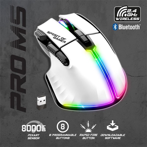 Spirit of Gamer Egér vezeték nélküli - PRO-M5 Arctic Wireless (Optikai, 8000DPI, 8 gomb, fehér) - Image 3