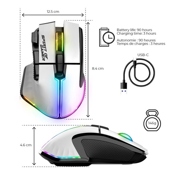 Spirit of Gamer Egér vezeték nélküli - PRO-M5 Arctic Wireless (Optikai, 8000DPI, 8 gomb, fehér) - Image 11