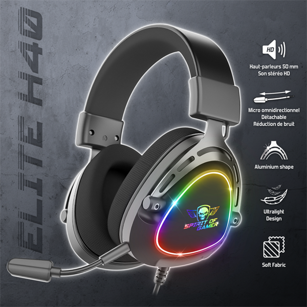 Spirit of Gamer Fejhallgató - ELITE H40 Black (MultiPlatform, RGB, 3.5mm Jack, mikrofon, hangerőszabályzó, nagy-párnás) - Image 2