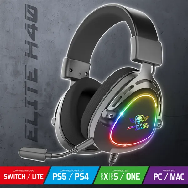 Spirit of Gamer Fejhallgató - ELITE H40 Black (MultiPlatform, RGB, 3.5mm Jack, mikrofon, hangerőszabályzó, nagy-párnás) - Image 3