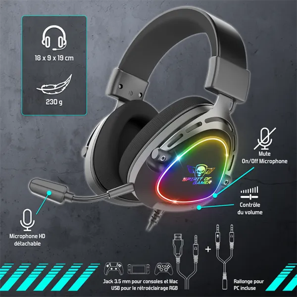 Spirit of Gamer Fejhallgató - ELITE H40 Black (MultiPlatform, RGB, 3.5mm Jack, mikrofon, hangerőszabályzó, nagy-párnás) - Image 8