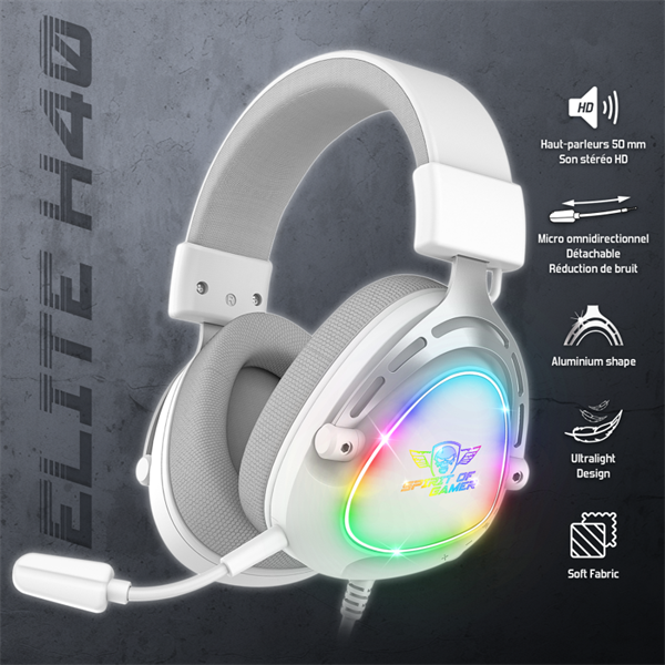 Spirit of Gamer Fejhallgató - ELITE H40 White (MultiPlatform, RGB, 3.5mm Jack, mikrofon, hangerőszabályzó, nagy-párnás) - Image 2