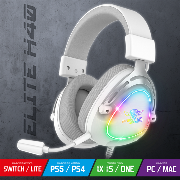 Spirit of Gamer Fejhallgató - ELITE H40 White (MultiPlatform, RGB, 3.5mm Jack, mikrofon, hangerőszabályzó, nagy-párnás) - Image 3