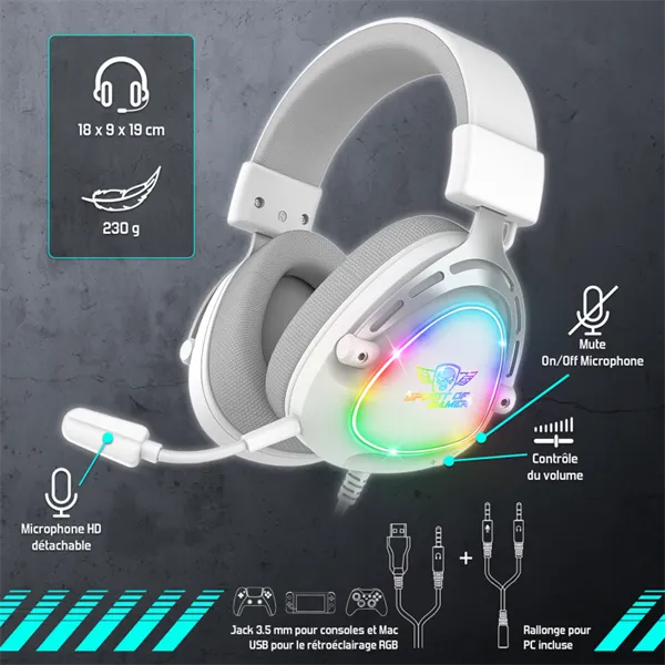 Spirit of Gamer Fejhallgató - ELITE H40 White (MultiPlatform, RGB, 3.5mm Jack, mikrofon, hangerőszabályzó, nagy-párnás) - Image 8