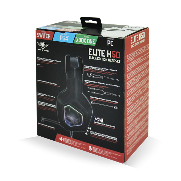 Spirit of Gamer Fejhallgató - ELITE H50 Black (MultiPlatform, RGB, 3.5mm Jack, mikrofon, hangerőszabályzó, nagy-párnás) - Image 7