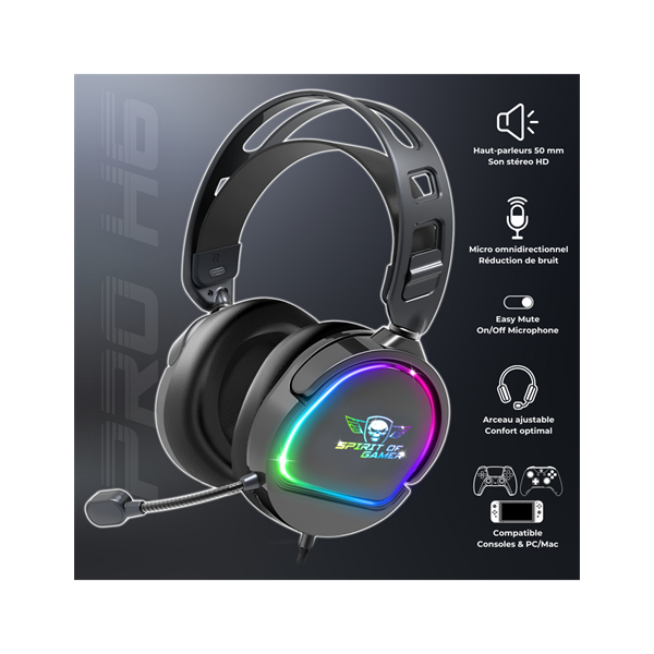 Spirit of Gamer Fejhallgató - PRO-H6 RGB Black (MultiPlatform, mikrofon, 3.5mm jack, hangerőszabályzó, 2m kábel, fekete) - Image 2