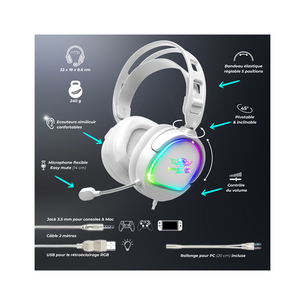 Spirit of Gamer Fejhallgató - PRO-H6 RGB White (MultiPlatform, mikrofon, 3.5mm jack, hangerőszabályzó, 2m kábel, fehér) - Image 7