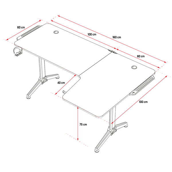 Spirit of Gamer Gamer Asztal - Headquarter 600 R (MDF lap, fém lábak, fekete, RGB LED háttérvilágítás, 160 x 60 x 75cm) - Image 12