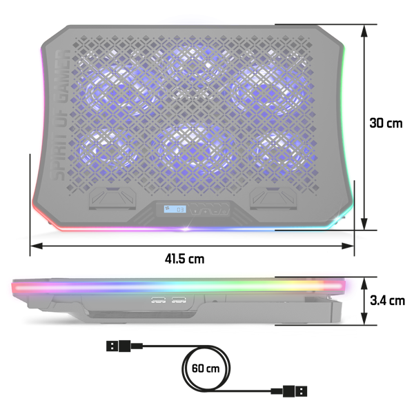 Spirit of Gamer Notebook Hűtőpad 17"-ig - AIRBLADE 1200 RGB (18dB; max. 79 m3/h; 3x11cm+3x70cm, RGB LED, 2xUSB2.0) - Image 11