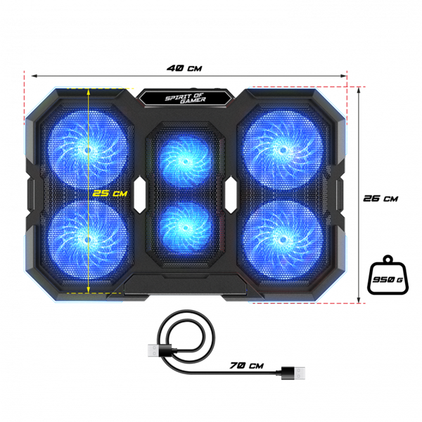 Spirit of Gamer Notebook Hűtőpad 17"-ig - AIRBLADE 700 RGB (29dB; max. 180 m3/h; 4x10cm+2x7cm, RGB LED, 2xUSB2.0) - Image 9