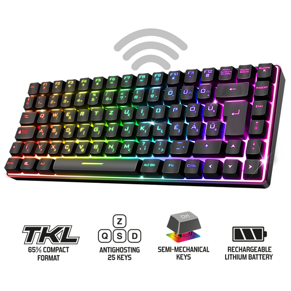 Spirit of Gamer Billentyűzet Vezeték nélküli - ELITE K70 (TKL, 85 gomb,, RGB LED,USB, anti-ghost, fekete, magyar)