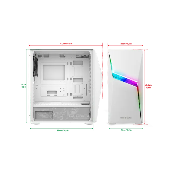 Spirit of Gamer Számítógépház - CLONE 4 White (fekete, ablakos, 2x12cm ventilátor, alsó táp,  ATX, 1xUSB3.0, 2xUSB2.0) - Image 5