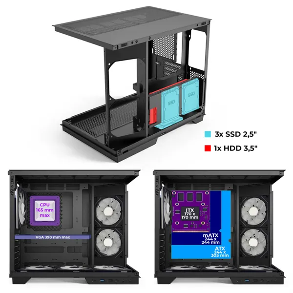 Spirit of Gamer Számítógépház - VIPER CRX Black (fekete, ablakos, 6x12cm ventilátor, alsó táp,  ATX, 1x USB-C, 2x USB-A) - Image 9