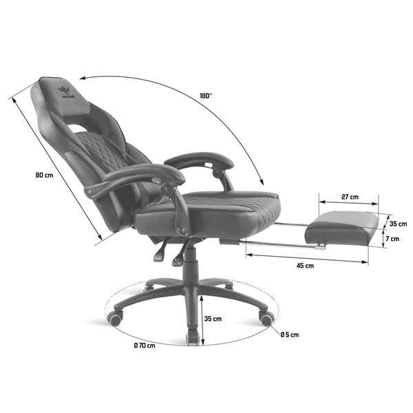 Spirit of Gamer szék - MUSTANG Black (állítható dőlés/magasság; kihajtható lábtartó; max.120kg-ig, fekete) - Image 8