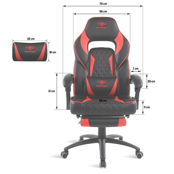 Spirit of Gamer szék - MUSTANG Red (állítható dőlés/magasság; kihajtható lábtartó; max.120kg-ig, piros) - Image 6