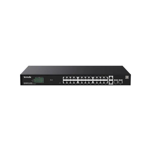 Tenda Switch Menedzselhető PoE - TEG2228P-24-410W (24x1Gbps + 2x1Gbps Uplink + 2xSFP;  24af/at PoE+ port; 410W; rack)