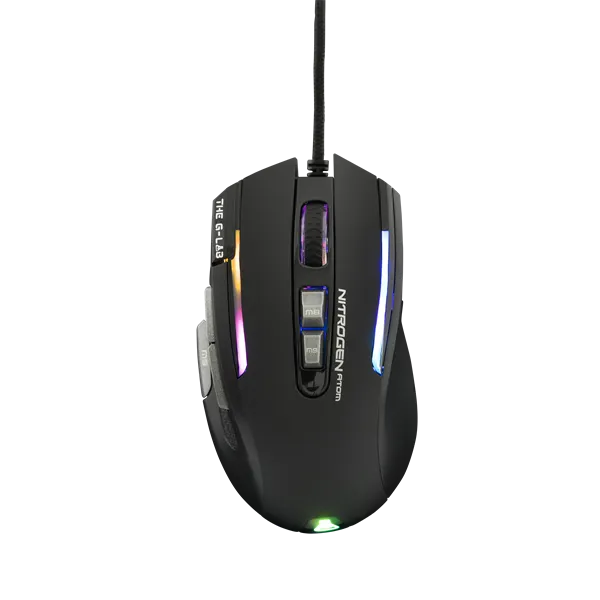The G-Lab Gamer Egér - KULT NITRO ATOM (4800 DPI, 9 gomb, makro, 1,8m kábel, RGB LED, fekete)
