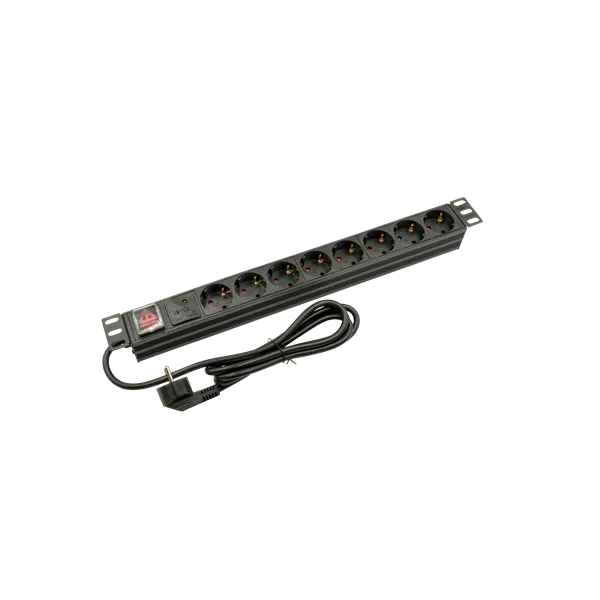 Walisec Hálózati Elosztó - PDU-EU08S (Schuko, 8 Schuko, Rack 1U, 1,8m kábel, aluminium, fekete)