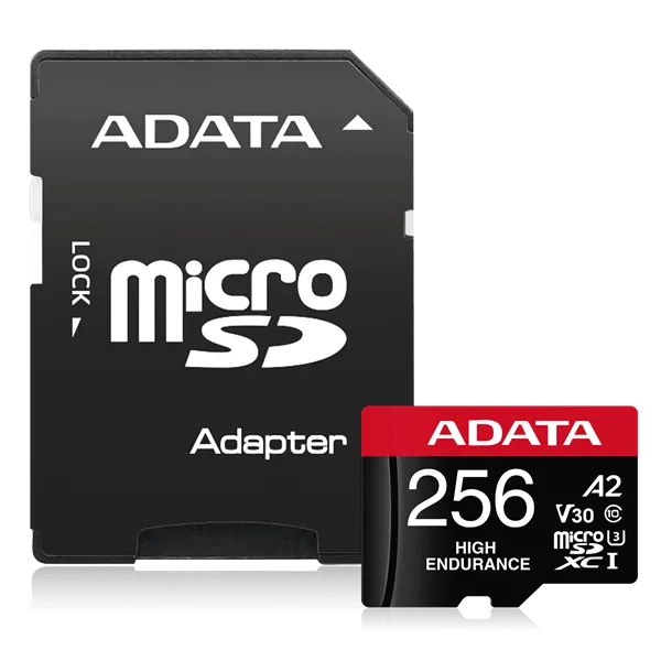ADATA MicroSD kártya - 256GB microSDXC UHS-I U3 Class10 A2 V30S High Endurance (R/W: 100/85 MB/s, 24/7 record) + adapter