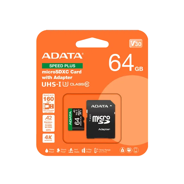 A-Data 64GB microSDXC Speed Plus Class 10 UHS-I U3 V30 + adapterrel