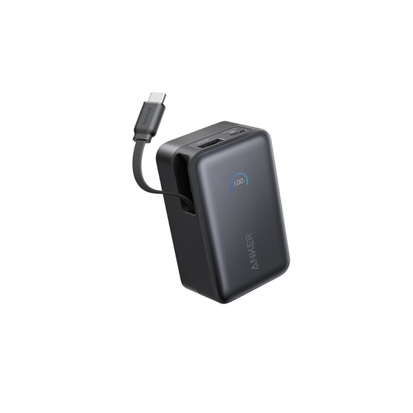 ANKER Powerbank Nano 10000mAh, 45W, Beépített USB-C kábel behúzható, fekete - A1638H11 - Image 1