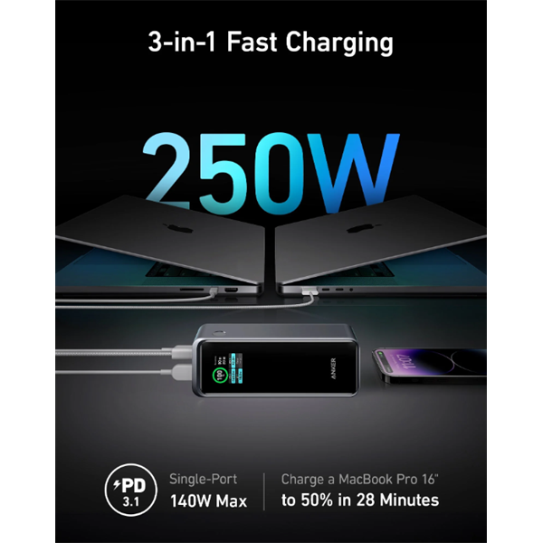 ANKER Powerbank Prime 27650mAh, 250W, 2xUSB-C Input/Output, USB-A Output, fekete - A1340011 - Image 2