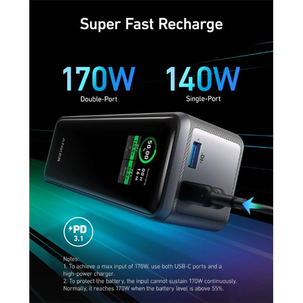 ANKER Powerbank Prime 27650mAh, 250W, 2xUSB-C Input/Output, USB-A Output, fekete - A1340011 - Image 5