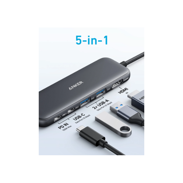 ANKER USB HUB, 322 5-in-1, USB-C Hub, 4K HDMI, 2xUSB-A, PD-IN 100W, USB-C 5Gbps, fekete - A8355H11 - Image 2