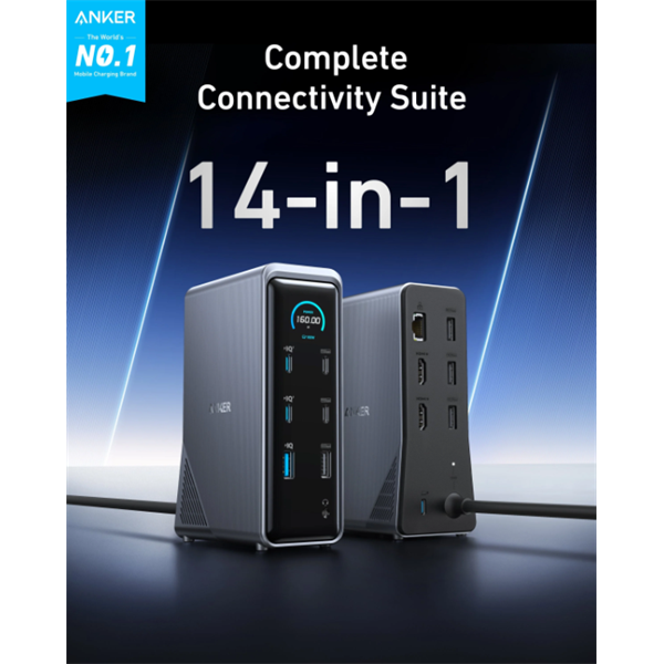 ANKER USB HUB Docking Station, , Prime 14-in-1, 160W,Dual Display, 2x 4K HDMI, USB-C 10Gbps, szürke - A83B63A1 - Image 1