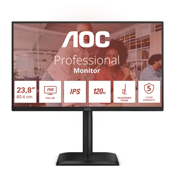 AOC IPS monitor 23,8" 24E4U 1920x1080,16:9, 300cd/m2, 4ms, VGA/HDMI/DisplayPort/4xUSB, hangszóró, 120 Hz, áll.mag.,pivot