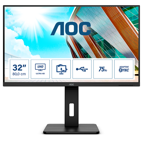 AOC_VA_monitor_315_U32P2_2560x1440_169_350cdm2_4ms_75Hz_2xHDMIDP4xUSB_hangszoro_Pivot_AdaptiveSync-i696128.png AOC VA monitor 31.5" U32P2, 3840x2160, 16:9, 350cd/m2, 4ms, 2xHDMI/DisplayPort/4xUSB, Pivot, hangszóró - Image 1