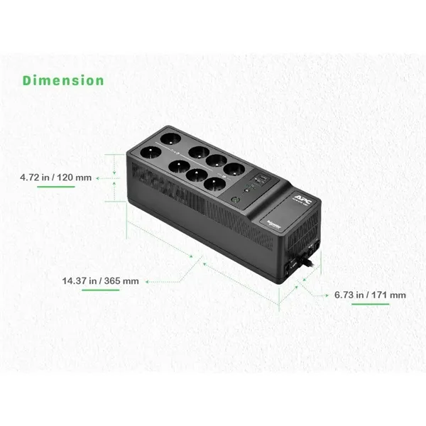 APC Back-UPS, 1050VA/600W Floor/Wall Mount, 230V, 8x Schuko CEE 7/3 outlets, USB Type A+C Port, User Replaceable Battery - Image 3