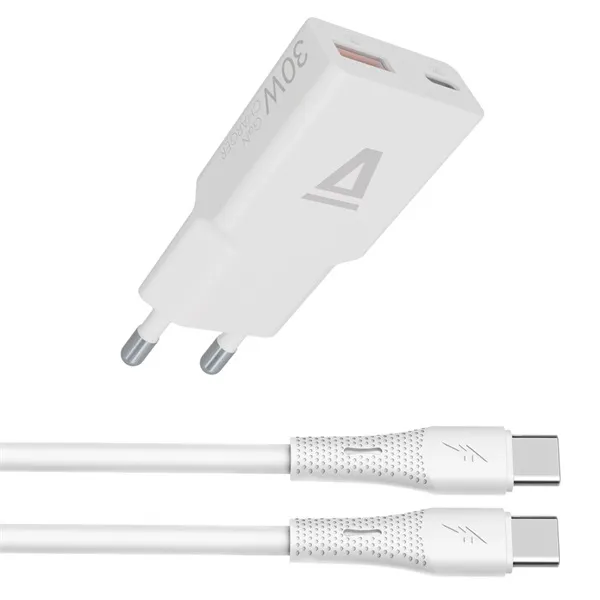 AVAX Hálózati töltő USB-A USB-C 30W + USB-C kábel, fehér