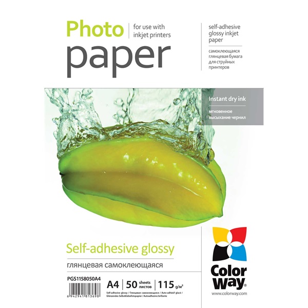 COLORWAY Fotópapír, fényes öntapadó (glossy self-adhesive), 115 - 80g/m2, A4, 50 lap - Image 1