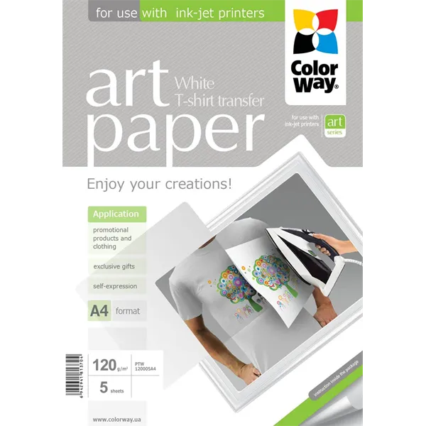 COLORWAY Fotópapír, pólóra vasalható (ART T-shirt transfer, white), 120 g/m2, A4, 5 lap