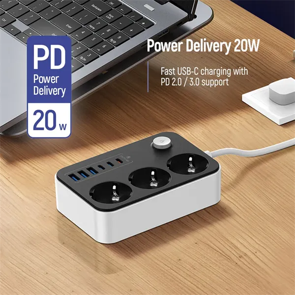 COLORWAY Hálózati elosztó, CW-CHE36PDB, 3 dugalj, 6xUSB (3USB-A + 3TYPE-C) (20W), fekete - Image 7