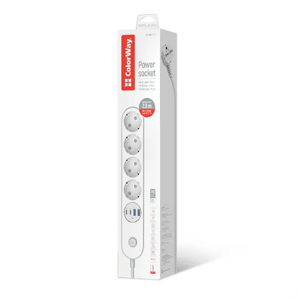 COLORWAY Hálózati elosztó, CW-CHE44PDW, 4 dugalj, 4xUSB (Type-C 2PD20W + 2USB QC3.0) (20 W), 2 m, fehér - Image 4