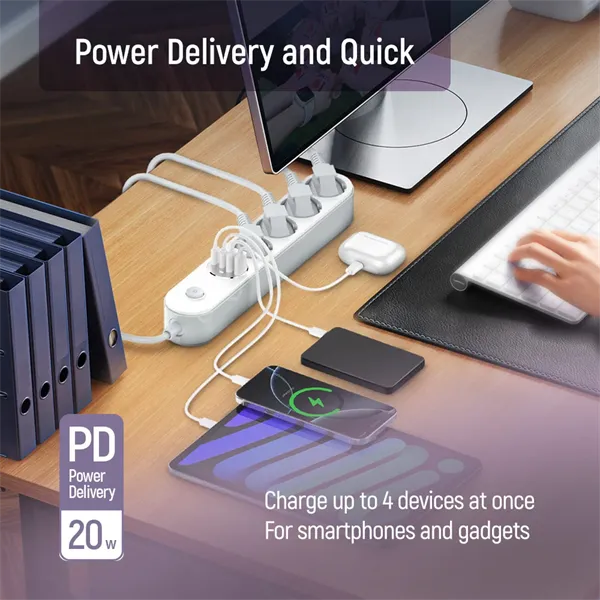 COLORWAY Hálózati elosztó, CW-CHE44PDW, 4 dugalj, 4xUSB (Type-C 2PD20W + 2USB QC3.0) (20 W), 2 m, fehér - Image 6