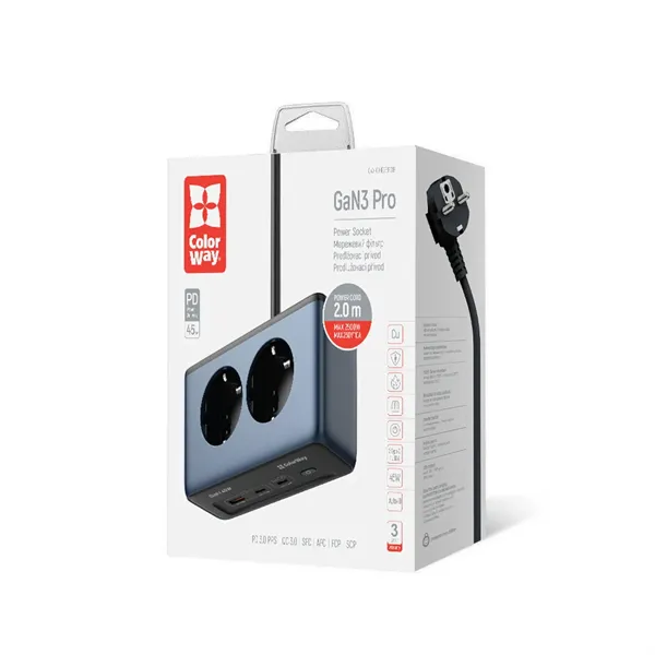 COLORWAY Hálózati és USB elosztó, 2 dugalj, 2x220V/1xUSB-A/2xUSB-C (GaN45W) - Image 6