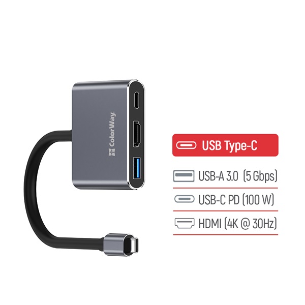 COLORWAY USB hub (dokkolóállomás) ColorWay USB-C 3 az 1-ben Type C PD 100W/USB3.0/HDMI 4K (CW-HUB08) - Image 3