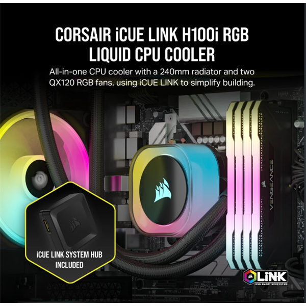 CORSAIR CPU hűtő iCUE LINK H100i RGB AIO (vízhűtés), 2 Ventilátorots, LGA1700 támogatással, fekete - Image 2
