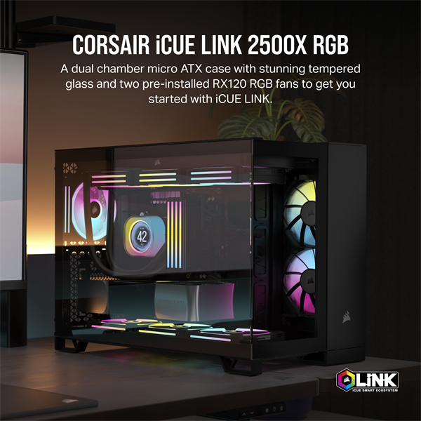 CORSAIR Ház iCUE LINK 2500X RGB, 2x RX120 RGB Ventilátor, Tápegység nélkül, Edzett Üveg, fekete - Image 3