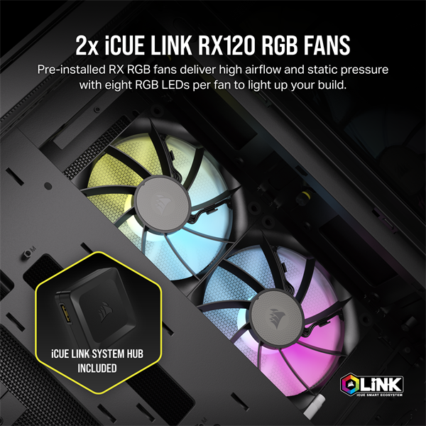 CORSAIR Ház iCUE LINK 2500X RGB, 2x RX120 RGB Ventilátor, Tápegység nélkül, Edzett Üveg, fekete - Image 7
