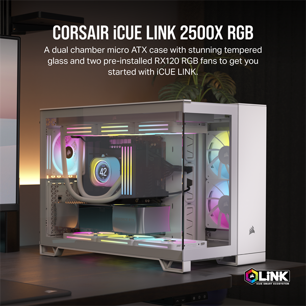 CORSAIR Ház iCUE LINK 2500X RGB Dual Chamber, 2xRX120 RGB Ventilátor, Tápegység nélkül, Edzett Üveg, fehér - Image 2