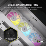 CORSAIR Ház iCUE LINK 6500X RGB, 3x iCUE LINK RX120 RGB Ventilátor, Tápegység nélkül, Edzett Üveg, fehér - Image 5
