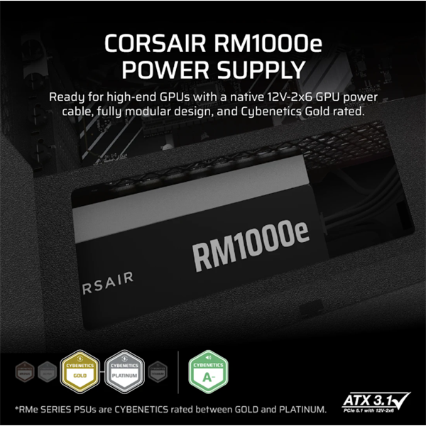 CORSAIR Tápegység Moduláris, RM1000e, 1000W, 12cm, ATX 3.1, PCIe 5.1, BOX, Cybenetics Gold - Image 6
