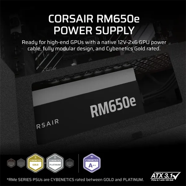 CORSAIR Tápegység Moduláris, RM650e, 650W, 12cm, ATX 3.1, PCIe 5.1, BOX, Cybenetics Gold - Image 2