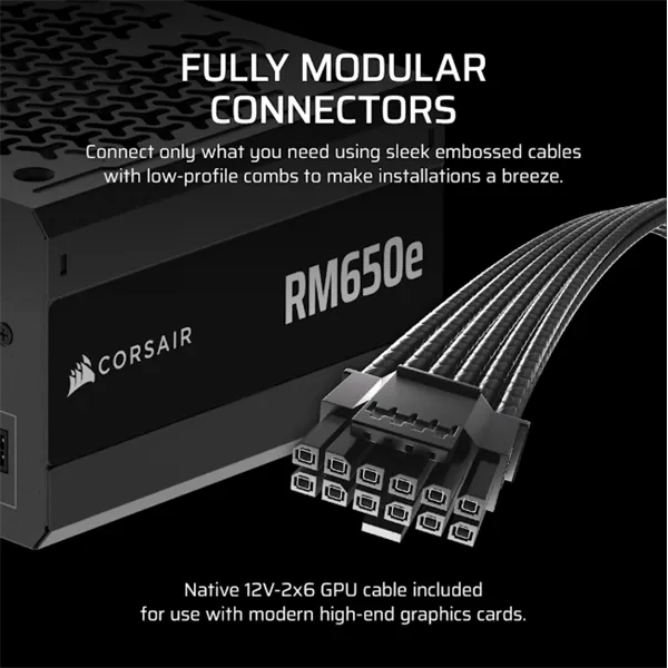 CORSAIR Tápegység Moduláris, RM650e, 650W, 12cm, ATX 3.1, PCIe 5.1, BOX, Cybenetics Gold - Image 3
